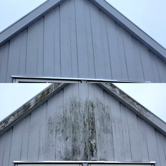 Facade før og efter afrensning med varmt vand